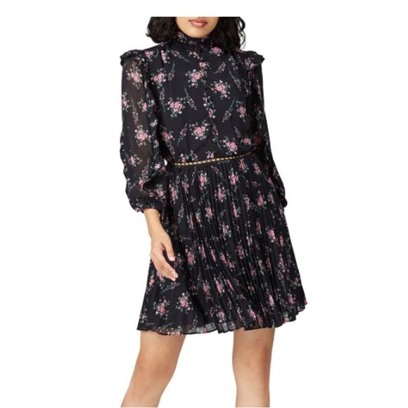ML Monique Lhuillier Black Floral Ruffle Pleated Dress (Size 10) - Picture 1 of 12